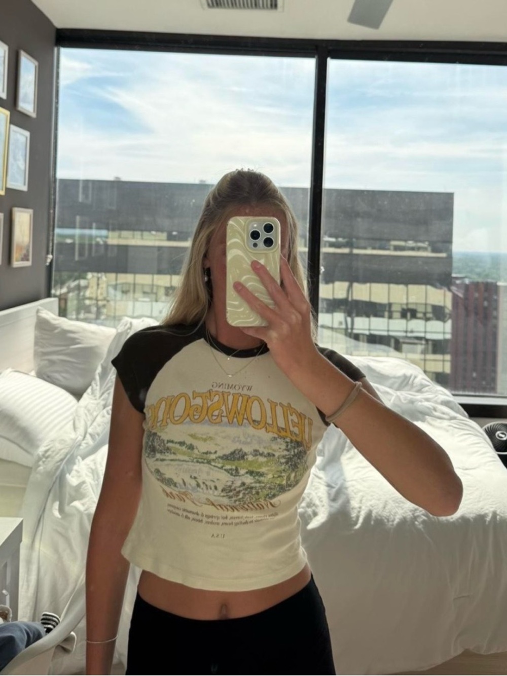 Urban Outfitters Cream & Black Yellowstone Graphic Raglan Crop Top